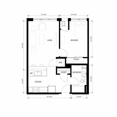 A floor plan of a small apartment with a living room, bedroom, kitchen, bathroom, and closet.